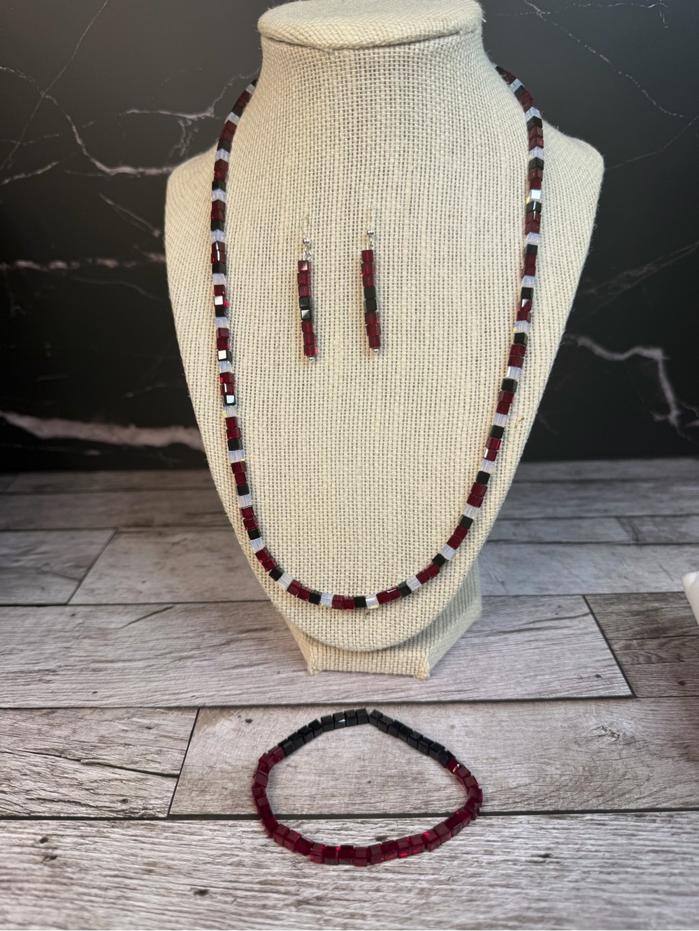 Handcrafted Swarovski Garnet/Crimson and Black Beaded Necklace & Earring Set
